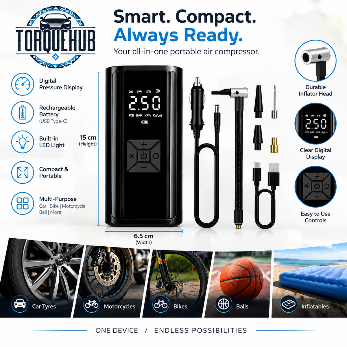 TorqueHub AirBoost - Portable Cordless Tyre Inflator — 150 PSI Digital Air Compressor