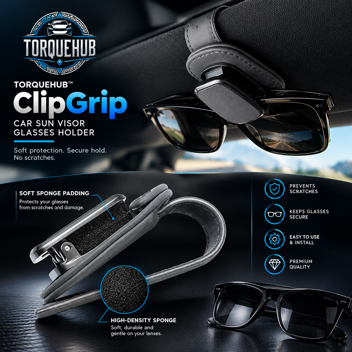 TorqueHub™ ClipGrip – Car Sun Visor Glasses Holder
